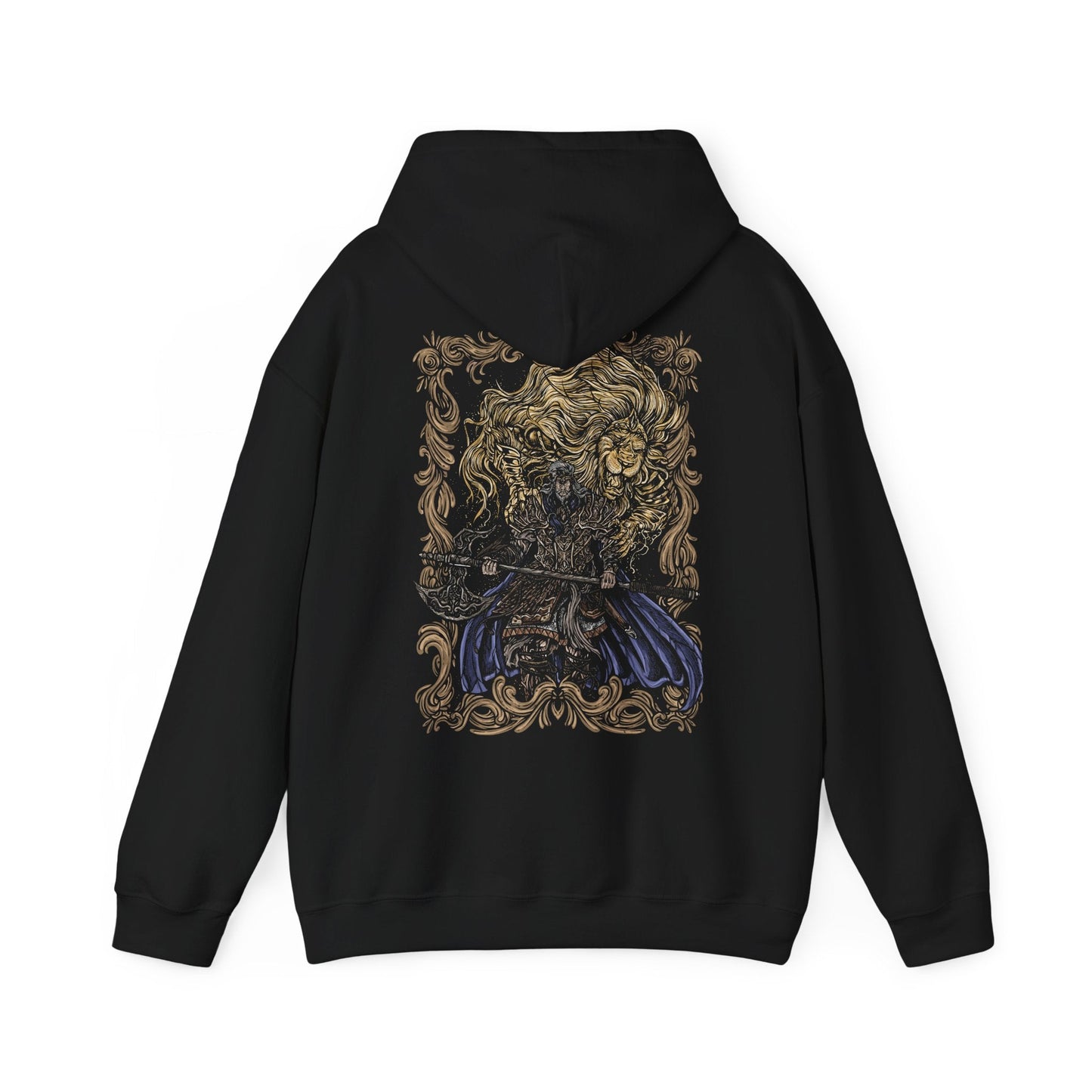 Image 5 of a Hooded Sweatshirt featuring Godfrey, the First Elden Lord, and his loyal spectral lion, Serosh, from Elden Ring. Adorned in regal yet battle-worn golden armor, Godfrey stands as a symbol of strength and conquest, his legacy etched into the history of the Lands Between. Serosh, the mighty beast upon his back, suppresses his feral instincts, restraining the warrior’s true fury—until the moment of reckoning. A must-have for fans of Elden Ring’s epic lore and legendary battles.