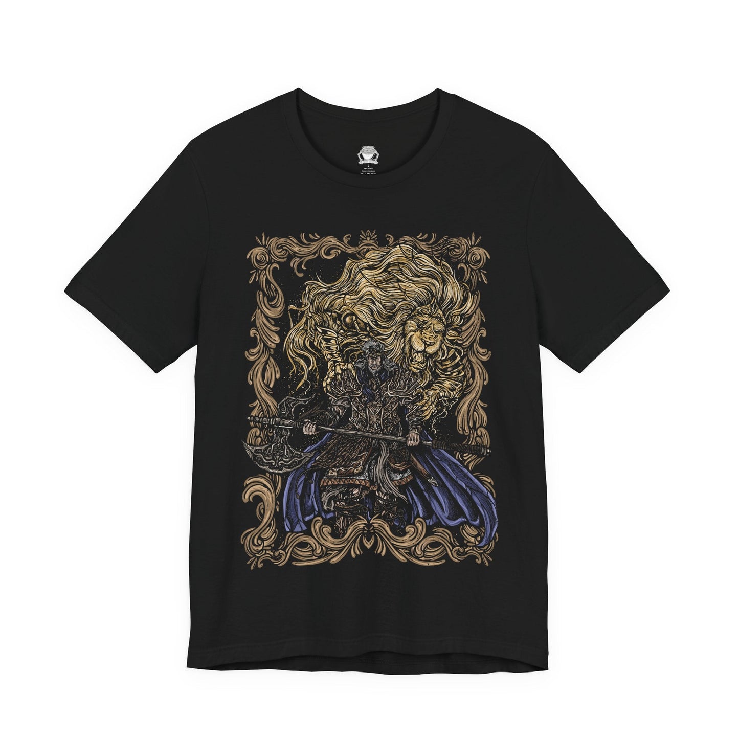 Image 4 of a T-shirt featuring Godfrey, the First Elden Lord from Elden Ring, a towering warrior who once led the Golden Lineage and brought order through conquest. Wielding his colossal greataxe and accompanied by the spectral beast Serosh, Godfrey symbolizes strength, discipline, and sacrifice. This design captures his regal yet brutal presence.