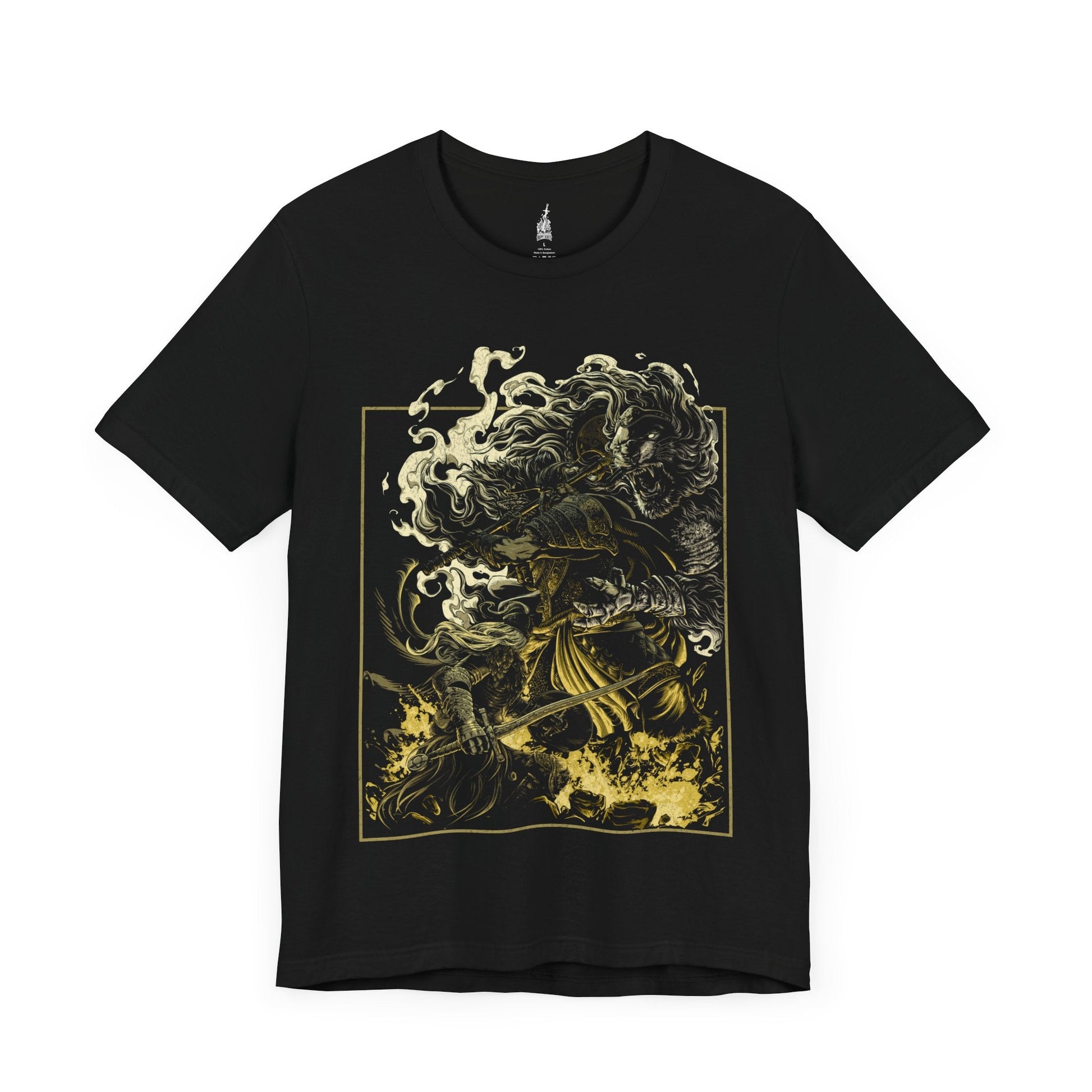 Image number 3 of a Black T-shirt featuring an epic battle scene between Godfrey, the First Elden Lord, and the Tarnished from Elden Ring, capturing the intensity and grandeur of their showdown, perfect for fans who admire the legendary struggle in the Lands Between.