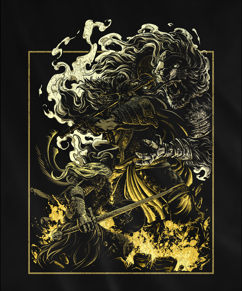 Design used for a T-shirt featuring an epic battle scene between Godfrey, the First Elden Lord, and the Tarnished from Elden Ring, capturing the intensity and grandeur of their showdown, perfect for fans who admire the legendary struggle in the Lands Between.