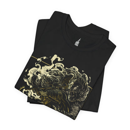 Folded T-shirt featuring an epic battle scene between Godfrey, the First Elden Lord, and the Tarnished from Elden Ring, capturing the intensity and grandeur of their showdown, perfect for fans who admire the legendary struggle in the Lands Between.