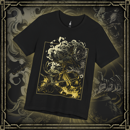 Thumbnail of a T-shirt featuring an epic battle scene between Godfrey, the First Elden Lord, and the Tarnished from Elden Ring, capturing the intensity and grandeur of their showdown, perfect for fans who admire the legendary struggle in the Lands Between.