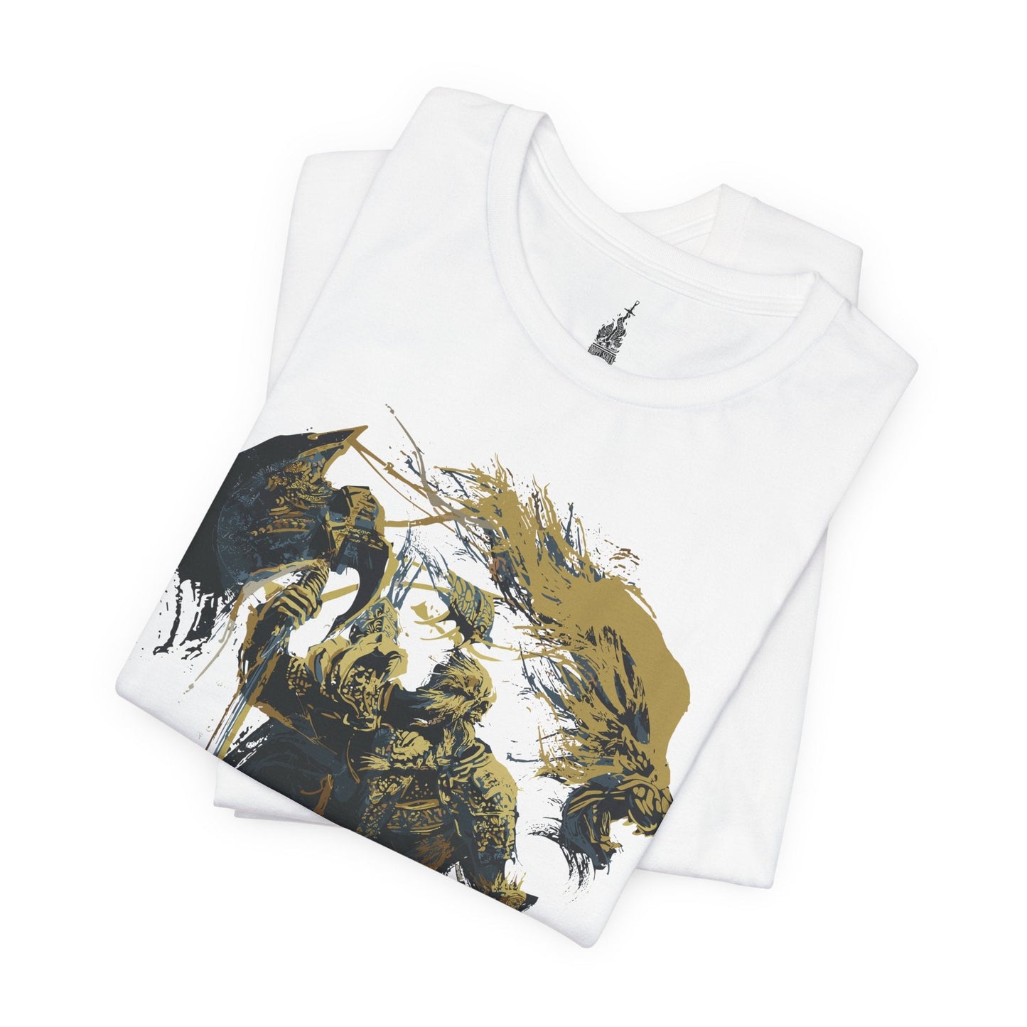 Folded T-shirt featuring Godfrey, the First Elden Lord, and his companion Serosh from Elden Ring, designed for Tarnished adventurers aiming to become Elden Lord in the Lands Between.