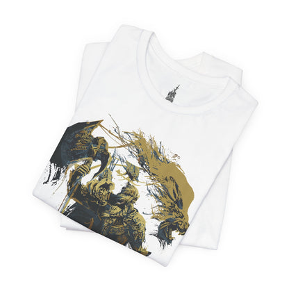 Folded T-shirt featuring Godfrey, the First Elden Lord, and his companion Serosh from Elden Ring, designed for Tarnished adventurers aiming to become Elden Lord in the Lands Between.