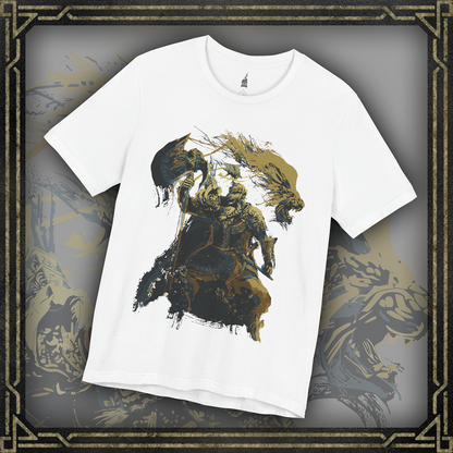 Thumbnail of a T-shirt featuring Godfrey, the First Elden Lord, and his companion Serosh from Elden Ring, designed for Tarnished adventurers aiming to become Elden Lord in the Lands Between.