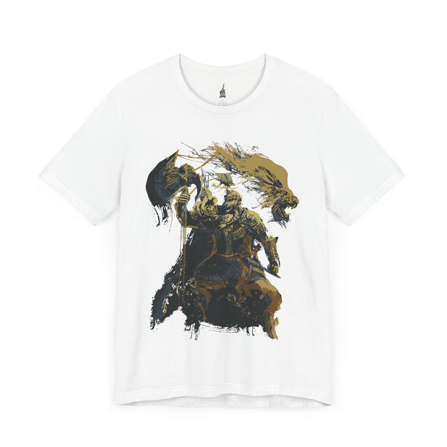 Image number 3 of a White T-shirt featuring Godfrey, the First Elden Lord, and his companion Serosh from Elden Ring, designed for Tarnished adventurers aiming to become Elden Lord in the Lands Between.