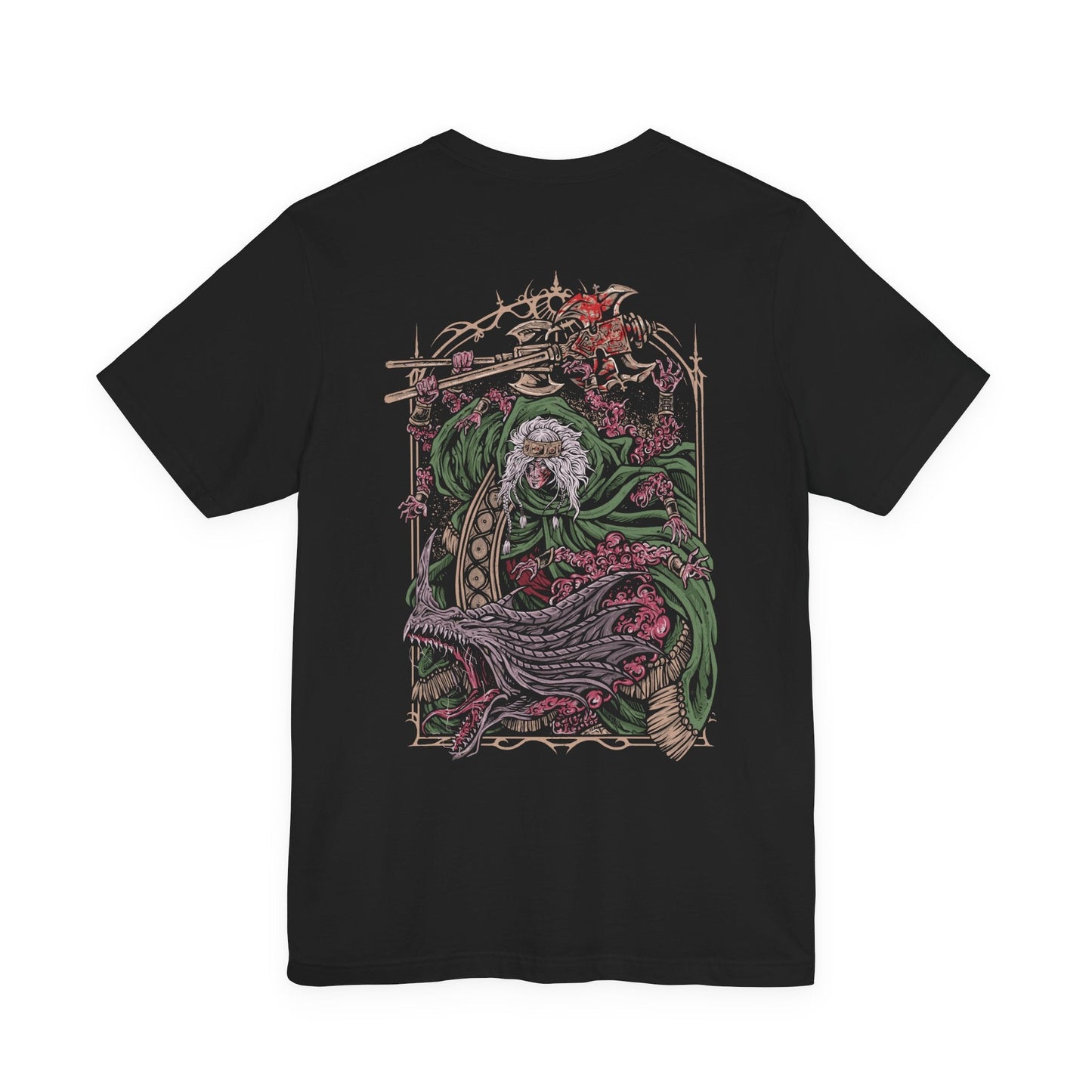 Image 5 of a Elden Ring T-shirt showcasing Godrick the Grafted, the tyrant of Stormveil Castle who fused the limbs of his foes into his flesh. Both pitiful and terrifying, he represents corruption and desperation in the wake of the Shattering. This artwork reflects his grotesque form and the tragic downfall of his once-noble lineage.