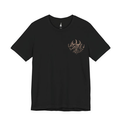 Image 3 of a Black Elden Ring T-shirt showcasing Godrick the Grafted, the tyrant of Stormveil Castle who fused the limbs of his foes into his flesh. Both pitiful and terrifying, he represents corruption and desperation in the wake of the Shattering. This artwork reflects his grotesque form and the tragic downfall of his once-noble lineage.