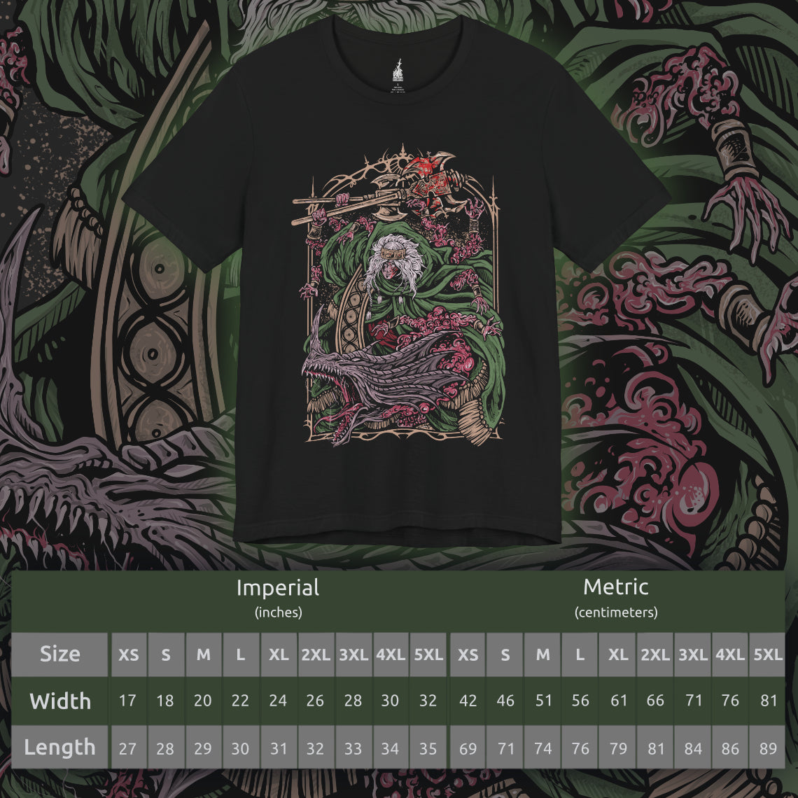 Size chart of a Elden Ring T-shirt showcasing Godrick the Grafted, the tyrant of Stormveil Castle who fused the limbs of his foes into his flesh. Both pitiful and terrifying, he represents corruption and desperation in the wake of the Shattering. This artwork reflects his grotesque form and the tragic downfall of his once-noble lineage.
