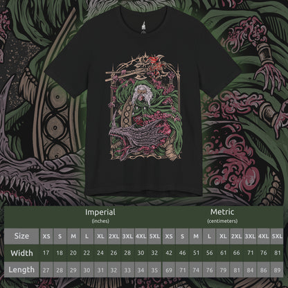 Size chart of a Elden Ring T-shirt showcasing Godrick the Grafted, the tyrant of Stormveil Castle who fused the limbs of his foes into his flesh. Both pitiful and terrifying, he represents corruption and desperation in the wake of the Shattering. This artwork reflects his grotesque form and the tragic downfall of his once-noble lineage.
