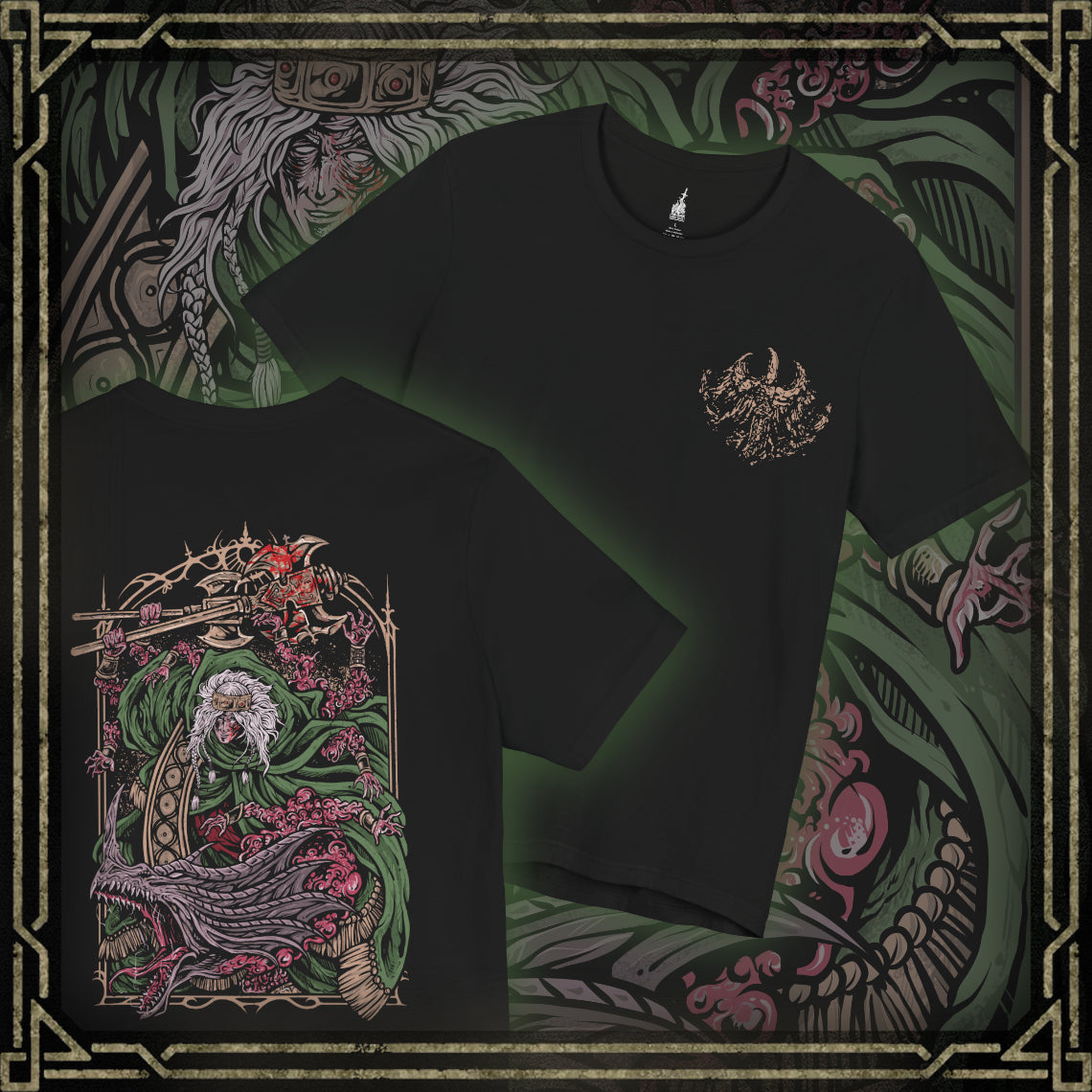 Thumbnail of a Elden Ring T-shirt showcasing Godrick the Grafted, the tyrant of Stormveil Castle who fused the limbs of his foes into his flesh. Both pitiful and terrifying, he represents corruption and desperation in the wake of the Shattering. This artwork reflects his grotesque form and the tragic downfall of his once-noble lineage.