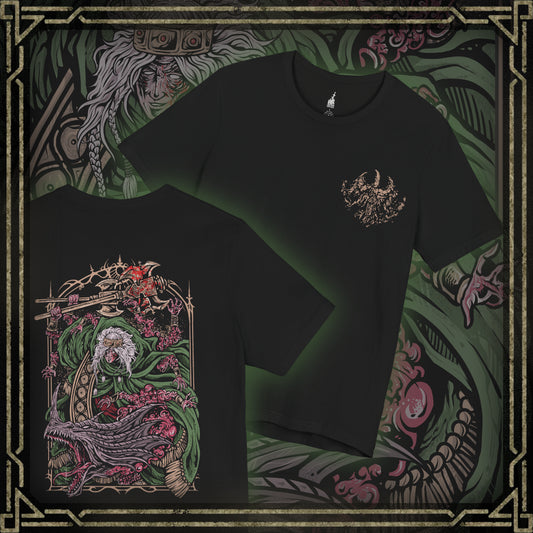 Thumbnail of a Elden Ring T-shirt showcasing Godrick the Grafted, the tyrant of Stormveil Castle who fused the limbs of his foes into his flesh. Both pitiful and terrifying, he represents corruption and desperation in the wake of the Shattering. This artwork reflects his grotesque form and the tragic downfall of his once-noble lineage.
