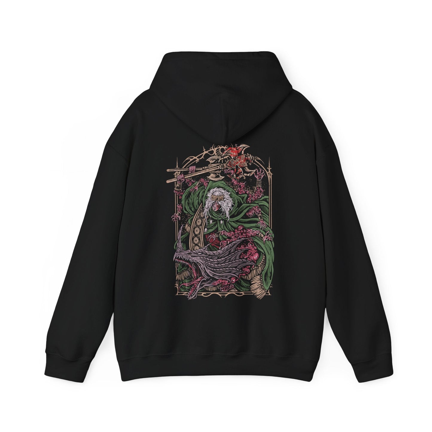 Image 4 of a Hooded Sweatshirt featuring Godrick the Grafted, the infamous shardbearer of Elden Ring. Descendant of the Golden Lineage, he turned to grafting as a means to claim greatness, becoming a living patchwork of stolen power. This design highlights his monstrous transformation, a symbol of ambition, cruelty, and the horrors of the Lands Between.