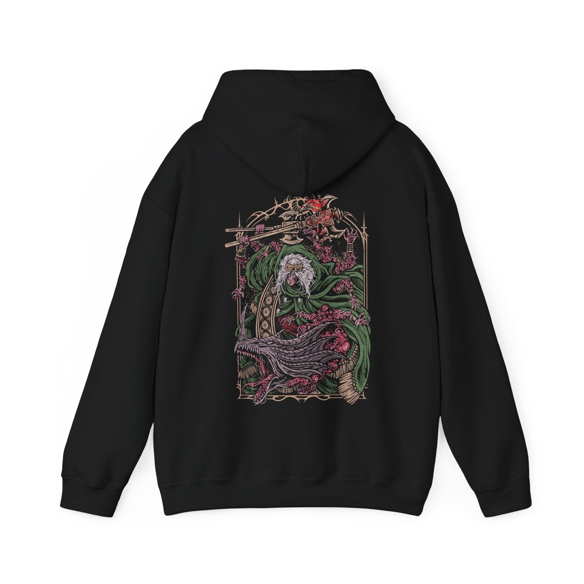 Image 4 of a Hooded Sweatshirt featuring Godrick the Grafted, the infamous shardbearer of Elden Ring. Descendant of the Golden Lineage, he turned to grafting as a means to claim greatness, becoming a living patchwork of stolen power. This design highlights his monstrous transformation, a symbol of ambition, cruelty, and the horrors of the Lands Between.
