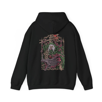 Image 4 of a Hooded Sweatshirt featuring Godrick the Grafted, the infamous shardbearer of Elden Ring. Descendant of the Golden Lineage, he turned to grafting as a means to claim greatness, becoming a living patchwork of stolen power. This design highlights his monstrous transformation, a symbol of ambition, cruelty, and the horrors of the Lands Between.