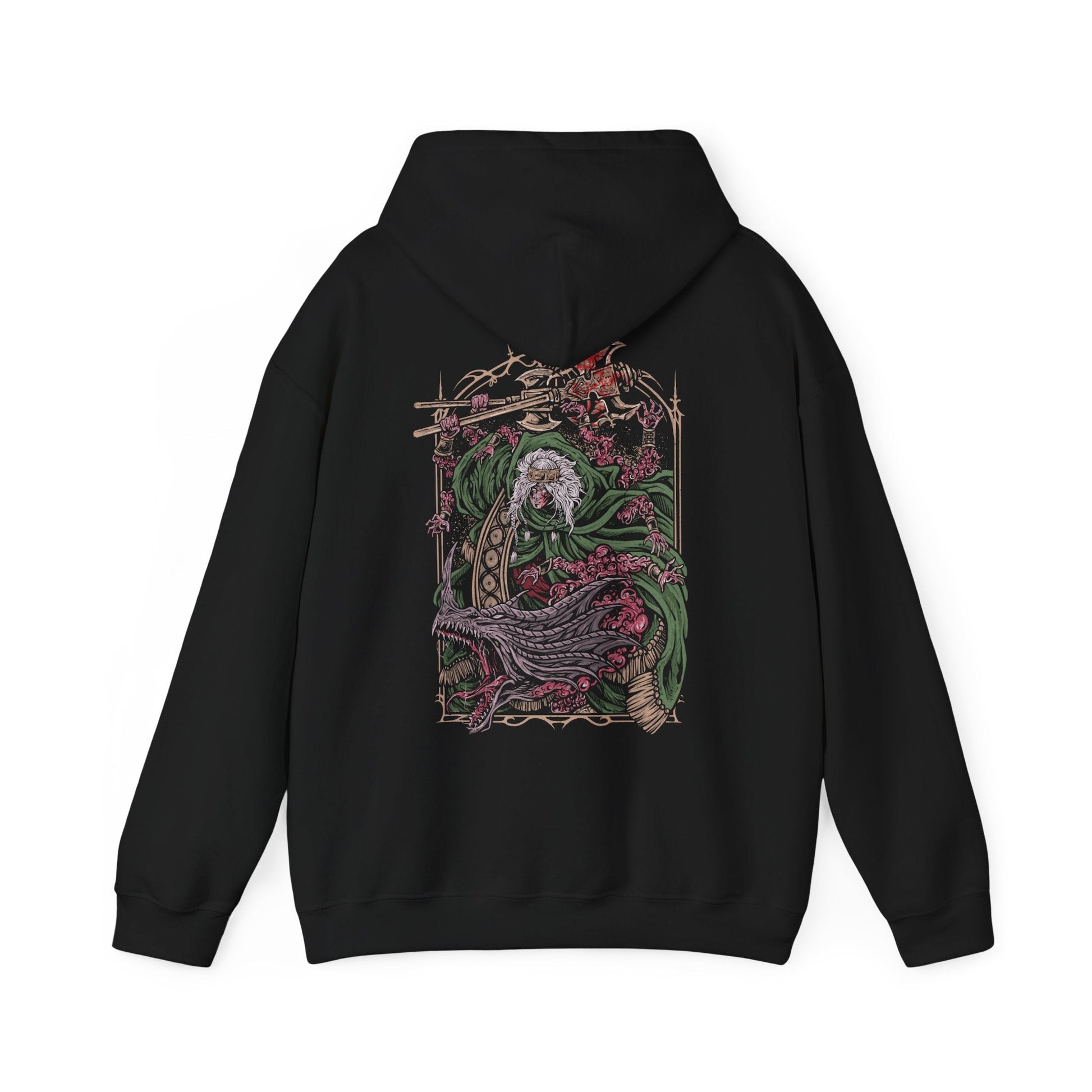 Image 5 of a Hooded Sweatshirt featuring Godrick the Grafted, the infamous shardbearer of Elden Ring. Descendant of the Golden Lineage, he turned to grafting as a means to claim greatness, becoming a living patchwork of stolen power. This design highlights his monstrous transformation, a symbol of ambition, cruelty, and the horrors of the Lands Between.