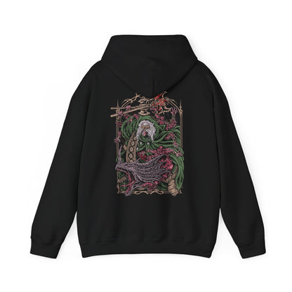 Image 5 of a Hooded Sweatshirt featuring Godrick the Grafted, the infamous shardbearer of Elden Ring. Descendant of the Golden Lineage, he turned to grafting as a means to claim greatness, becoming a living patchwork of stolen power. This design highlights his monstrous transformation, a symbol of ambition, cruelty, and the horrors of the Lands Between.