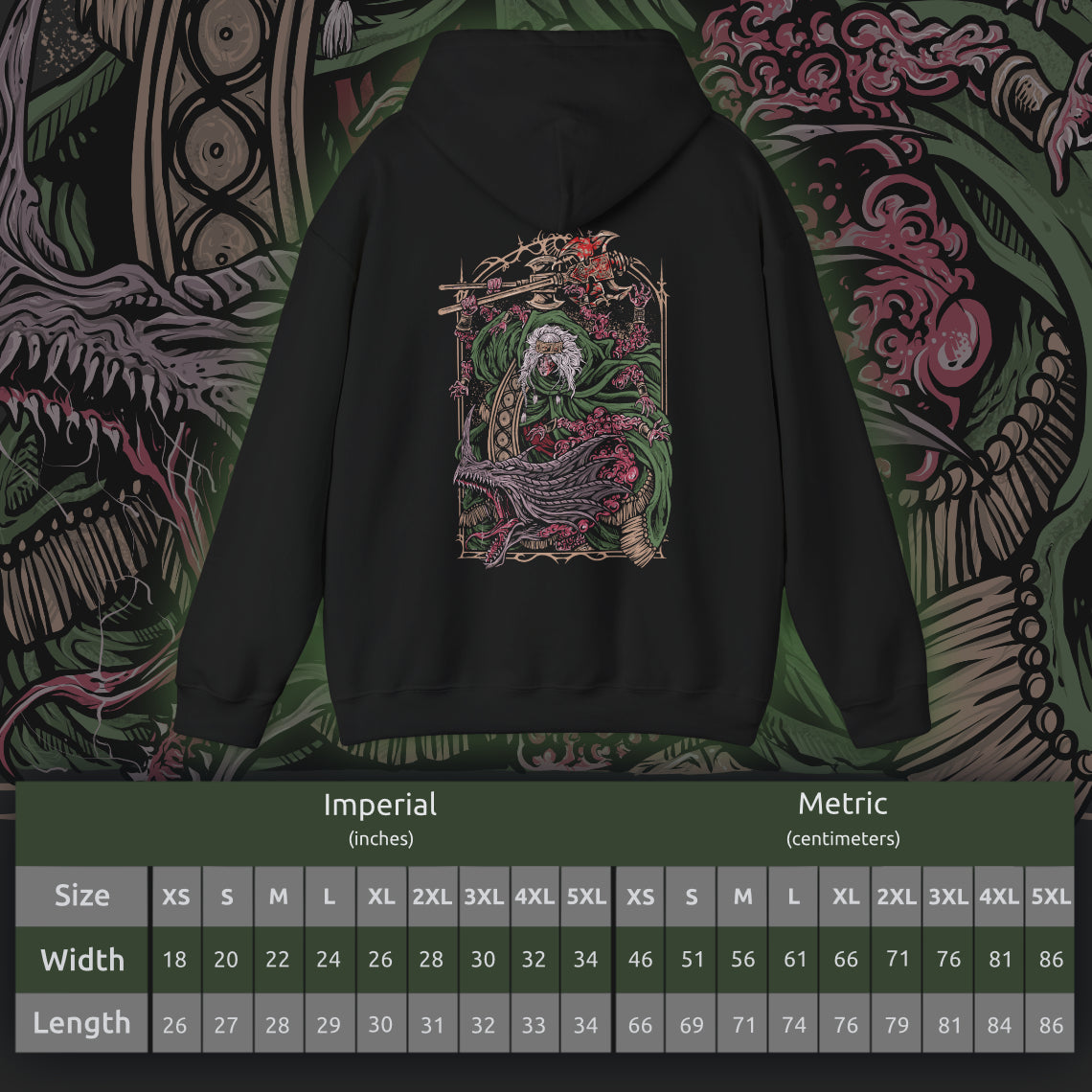 Size chart of a Hooded Sweatshirt featuring Godrick the Grafted, the infamous shardbearer of Elden Ring. Descendant of the Golden Lineage, he turned to grafting as a means to claim greatness, becoming a living patchwork of stolen power. This design highlights his monstrous transformation, a symbol of ambition, cruelty, and the horrors of the Lands Between.