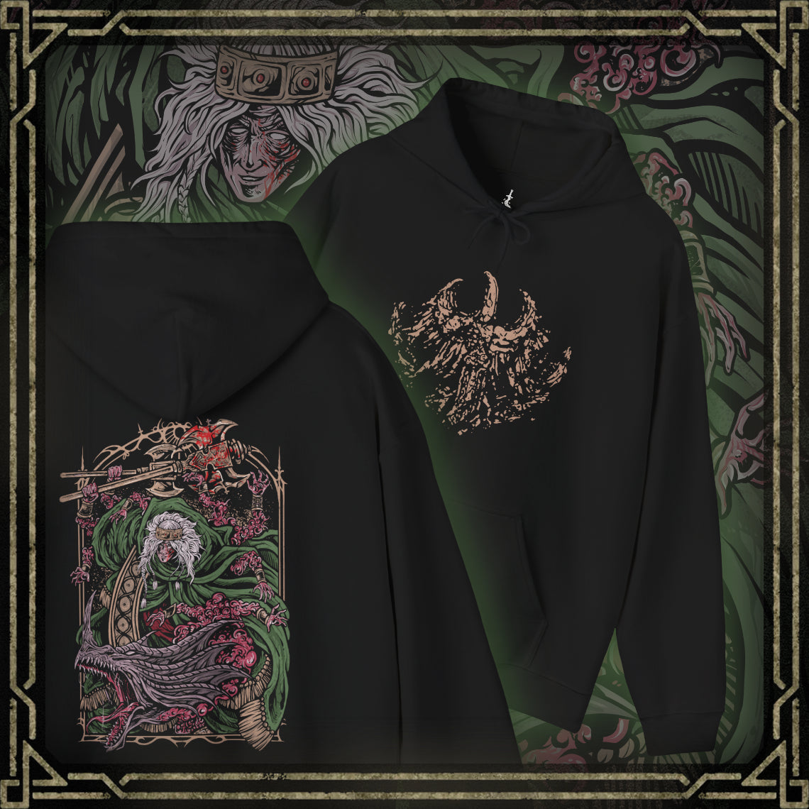 Thumbnail of a Hooded Sweatshirt featuring Godrick the Grafted, the infamous shardbearer of Elden Ring. Descendant of the Golden Lineage, he turned to grafting as a means to claim greatness, becoming a living patchwork of stolen power. This design highlights his monstrous transformation, a symbol of ambition, cruelty, and the horrors of the Lands Between.