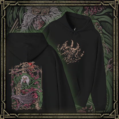 Thumbnail of a Hooded Sweatshirt featuring Godrick the Grafted, the infamous shardbearer of Elden Ring. Descendant of the Golden Lineage, he turned to grafting as a means to claim greatness, becoming a living patchwork of stolen power. This design highlights his monstrous transformation, a symbol of ambition, cruelty, and the horrors of the Lands Between.