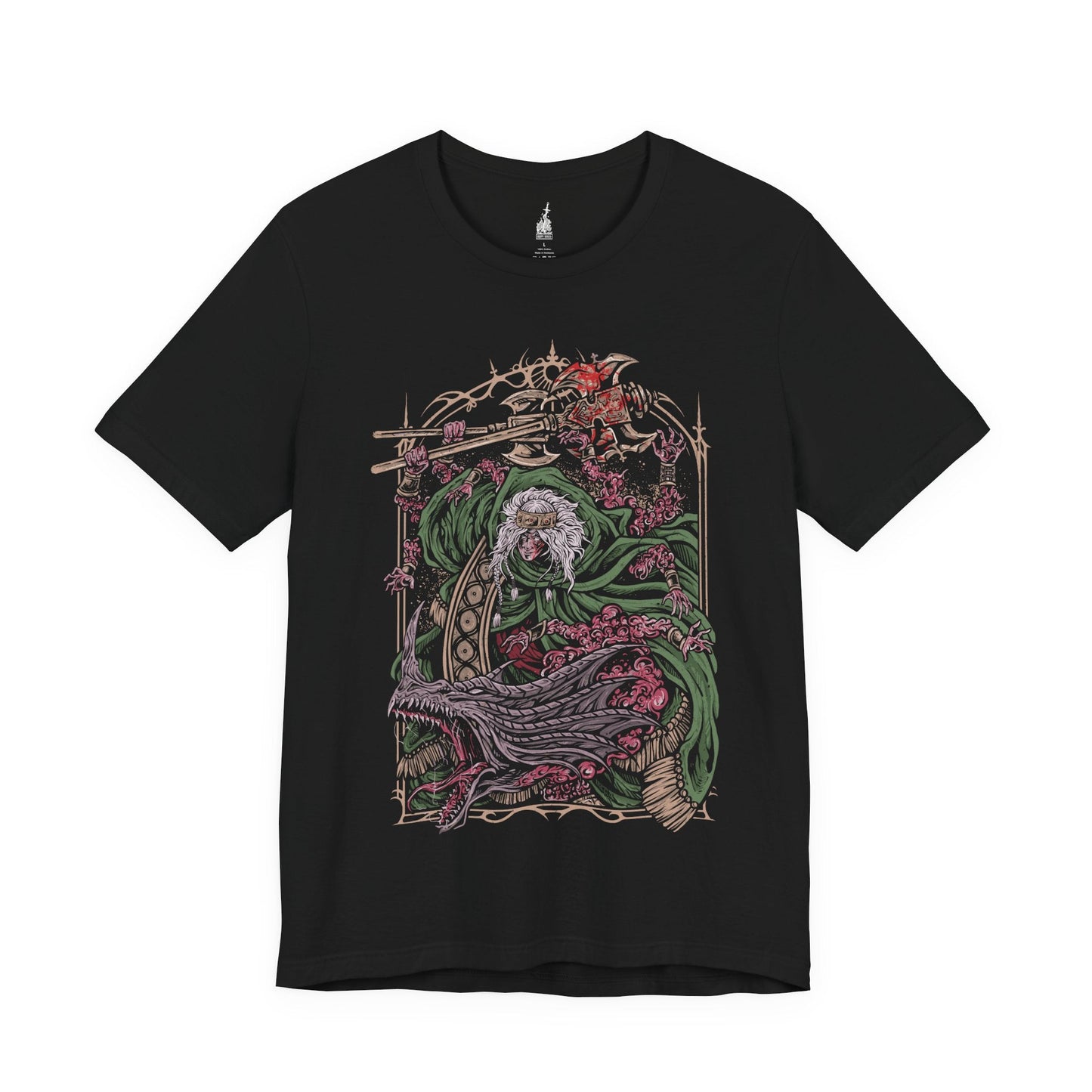 Image 3 of a Black T-shirt featuring Godrick the Grafted from Elden Ring, the grotesque demigod of Stormveil Castle. Known for grafting countless limbs onto his body to fuel his strength, Godrick embodies ambition twisted into monstrosity. This design captures his terrifying form, symbolizing his hunger for power and his legacy as one of the first shardbearers.