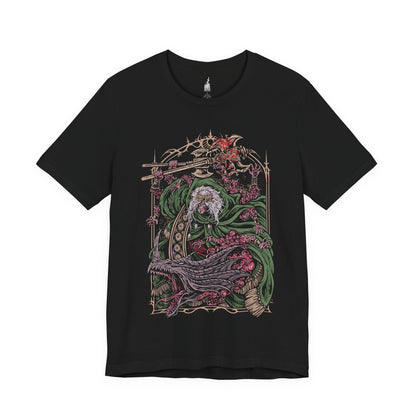 Image 3 of a Black T-shirt featuring Godrick the Grafted from Elden Ring, the grotesque demigod of Stormveil Castle. Known for grafting countless limbs onto his body to fuel his strength, Godrick embodies ambition twisted into monstrosity. This design captures his terrifying form, symbolizing his hunger for power and his legacy as one of the first shardbearers.