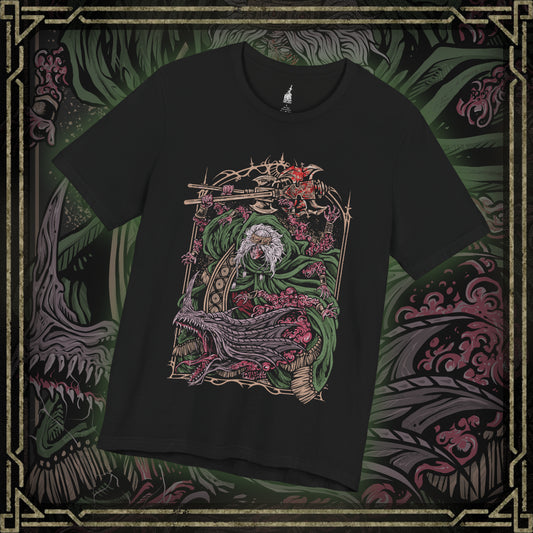 Thumbnail of a T-shirt featuring Godrick the Grafted from Elden Ring, the grotesque demigod of Stormveil Castle. Known for grafting countless limbs onto his body to fuel his strength, Godrick embodies ambition twisted into monstrosity. This design captures his terrifying form, symbolizing his hunger for power and his legacy as one of the first shardbearers.