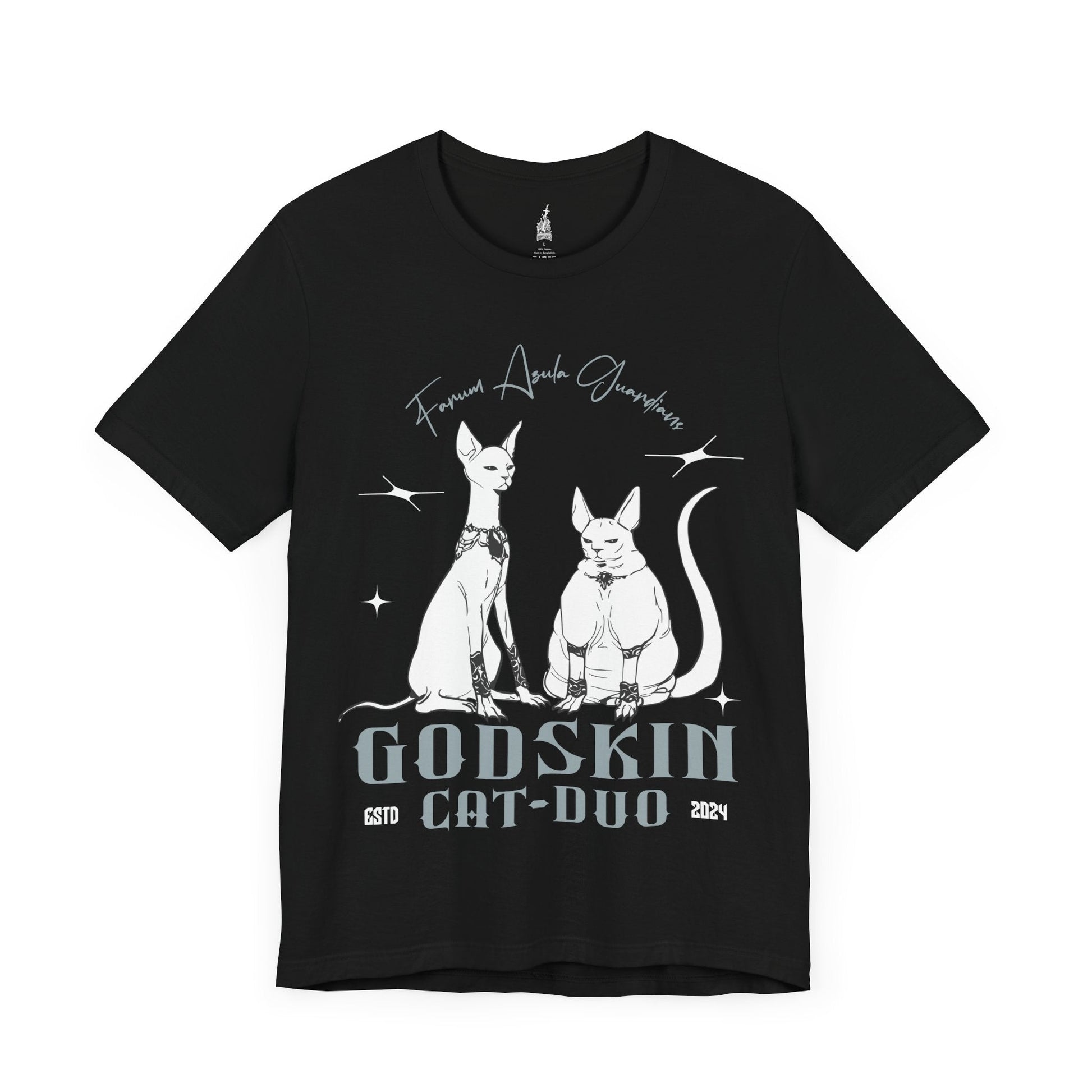 Image number 3 of a Black T-shirt featuring the Godskin Cat Duo meme from Elden Ring, with playful artwork depicting the two Godskin characters in a humorous, meme-inspired design, ideal for Tarnished who enjoy a lighthearted take on their epic journey to becoming Elden Lord.