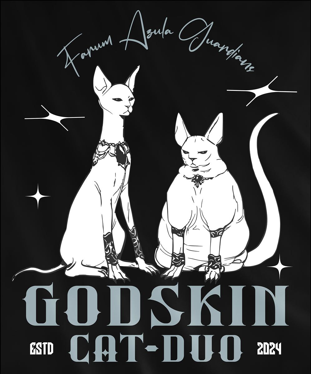 Design used for a T-shirt featuring the Godskin Cat Duo meme from Elden Ring, with playful artwork depicting the two Godskin characters in a humorous, meme-inspired design, ideal for Tarnished who enjoy a lighthearted take on their epic journey to becoming Elden Lord.