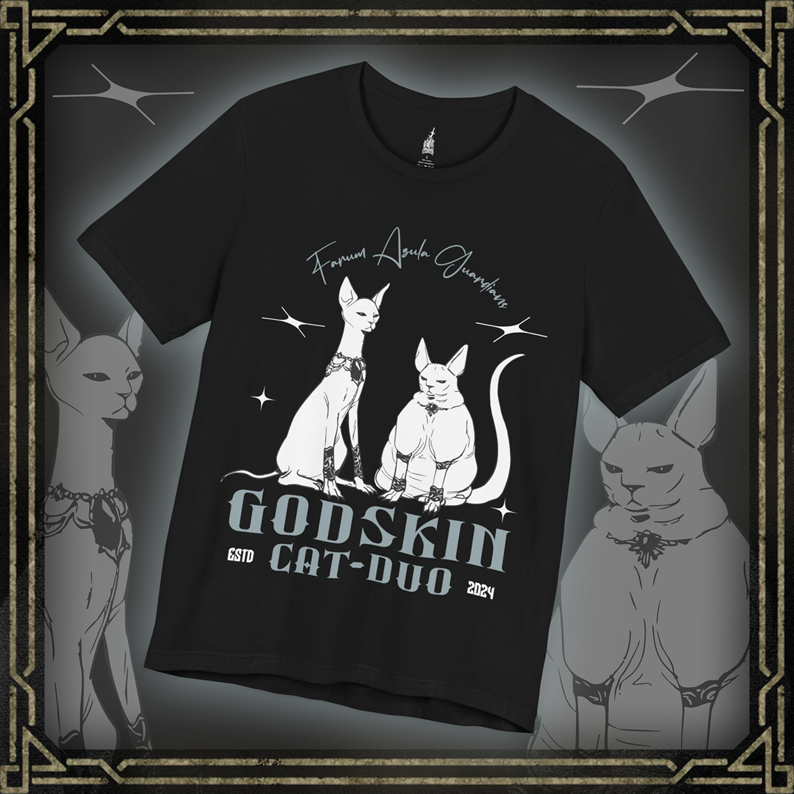 Thumbnail of a T-shirt featuring the Godskin Cat Duo meme from Elden Ring, with playful artwork depicting the two Godskin characters in a humorous, meme-inspired design, ideal for Tarnished who enjoy a lighthearted take on their epic journey to becoming Elden Lord.