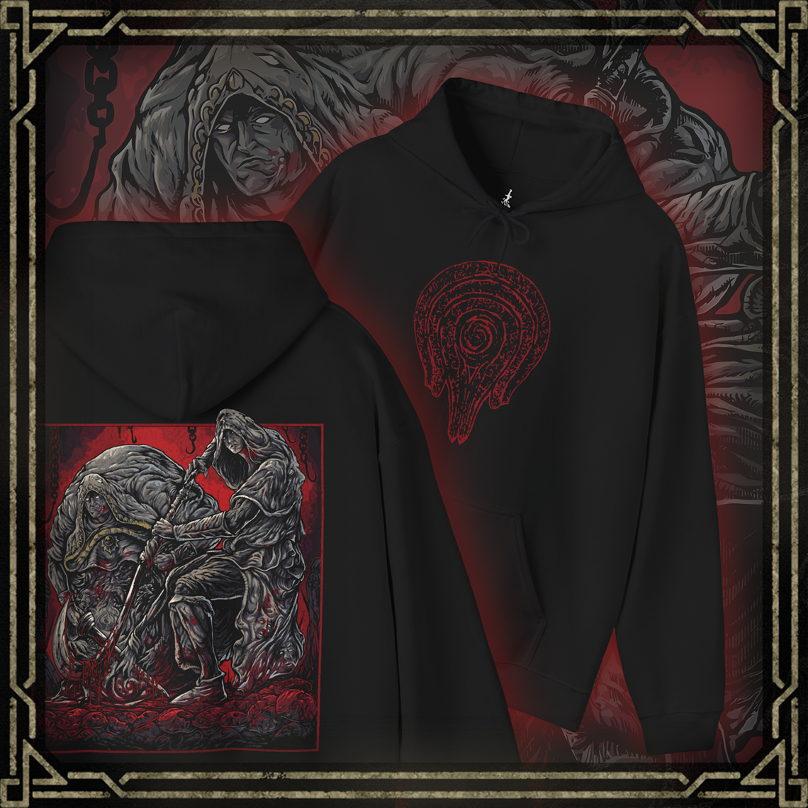 Thumbnail of a Hooded Sweatshirt featuring the Godskin Duo from Elden Ring, showcasing their menacing forms and unique abilities, perfect for fans who admire the challenging and deadly nature of these infamous bosses in the Lands Between.