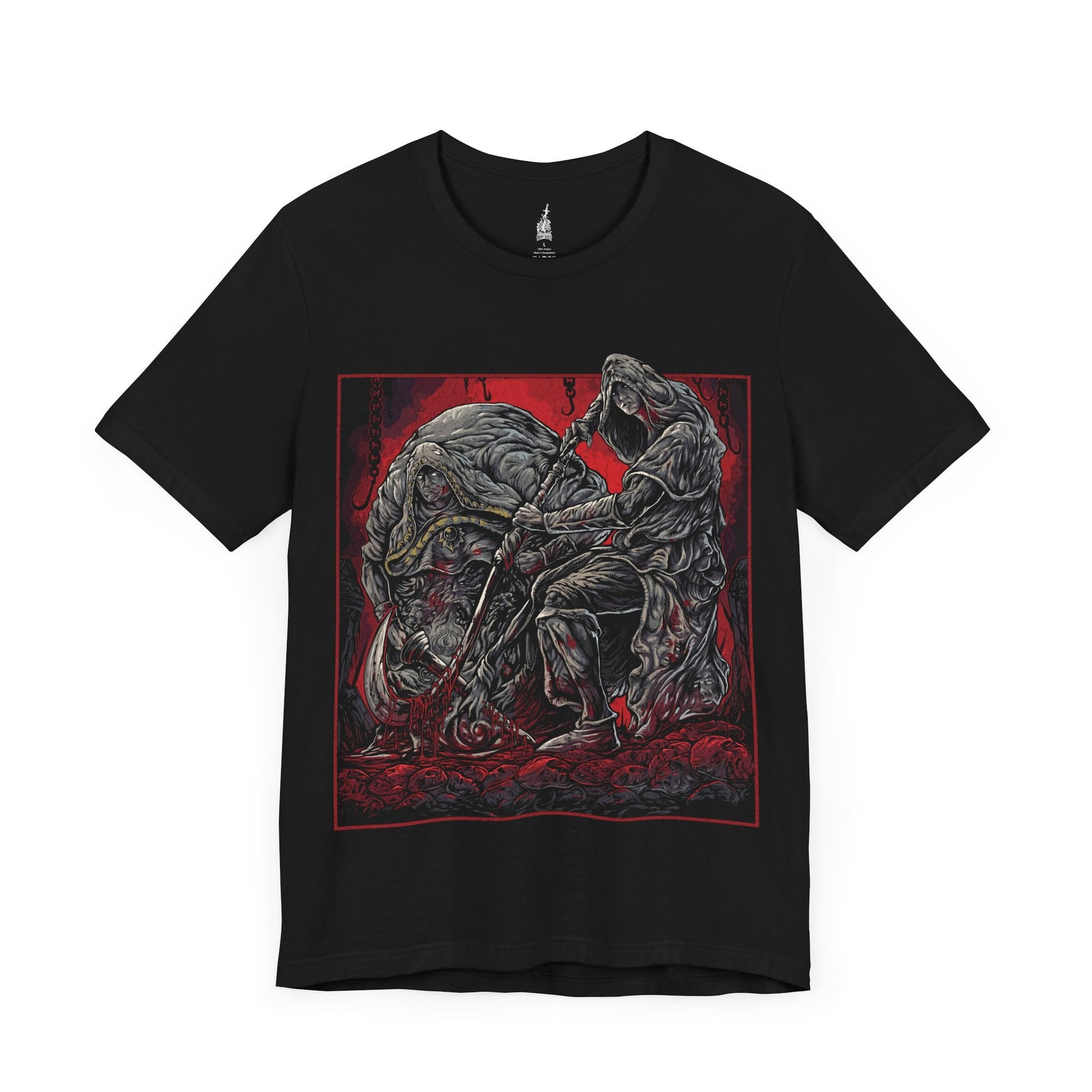 Image number 3 of a Black T-shirt featuring the Godskin Duo from Elden Ring, showcasing their menacing forms and unique abilities, perfect for fans who admire the challenging and deadly nature of these infamous bosses in the Lands Between.