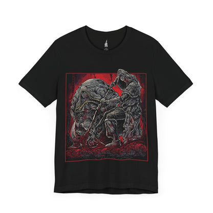 Image number 3 of a Black T-shirt featuring the Godskin Duo from Elden Ring, showcasing their menacing forms and unique abilities, perfect for fans who admire the challenging and deadly nature of these infamous bosses in the Lands Between.