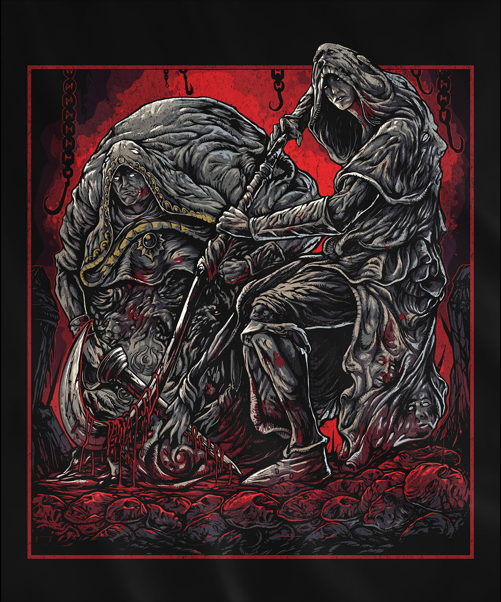 Design used for a T-shirt featuring the Godskin Duo from Elden Ring, showcasing their menacing forms and unique abilities, perfect for fans who admire the challenging and deadly nature of these infamous bosses in the Lands Between.