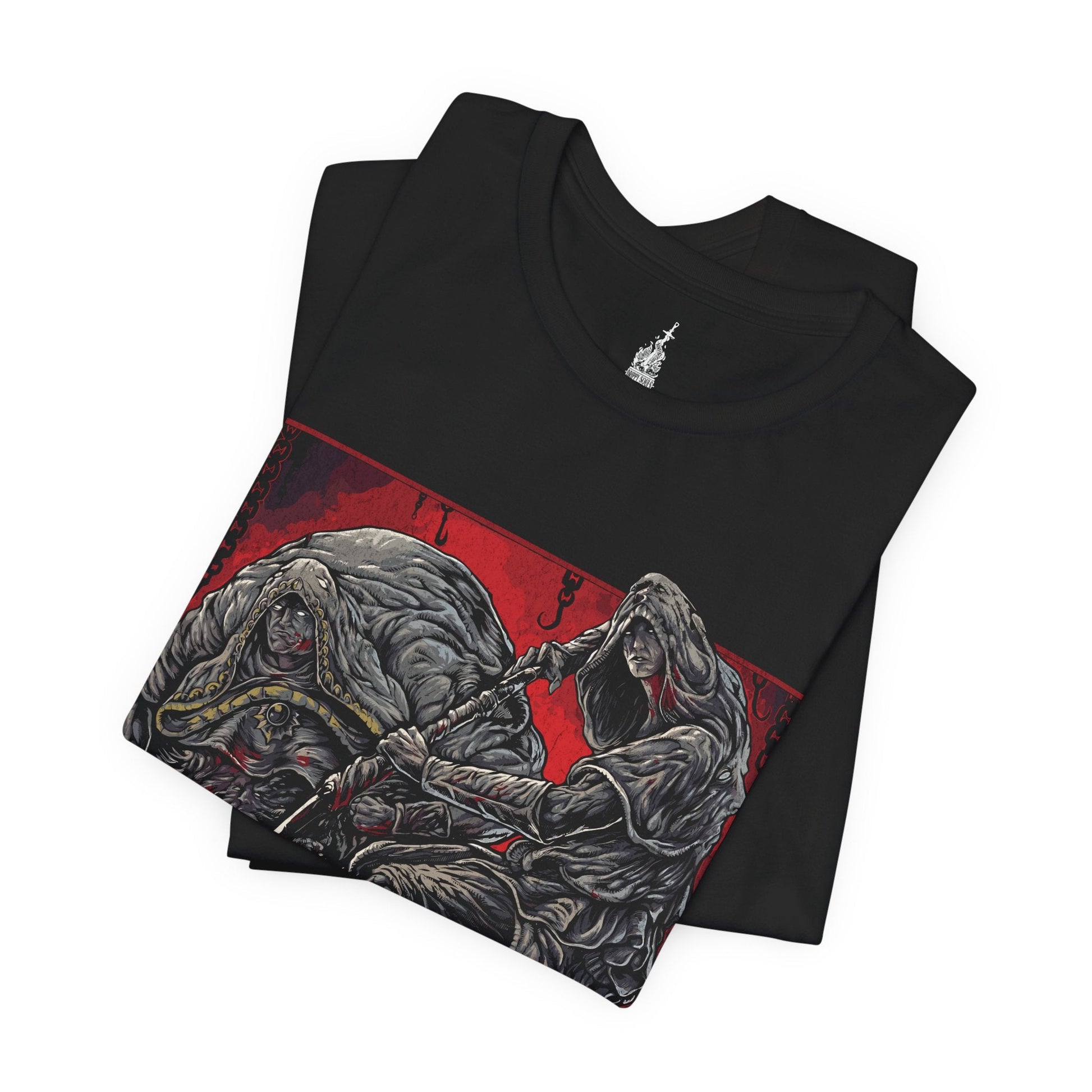 Folded T-shirt featuring the Godskin Duo from Elden Ring, showcasing their menacing forms and unique abilities, perfect for fans who admire the challenging and deadly nature of these infamous bosses in the Lands Between.