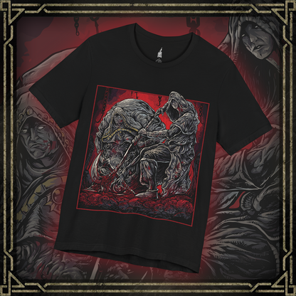 Thumbnail of a T-shirt featuring the Godskin Duo from Elden Ring, showcasing their menacing forms and unique abilities, perfect for fans who admire the challenging and deadly nature of these infamous bosses in the Lands Between.