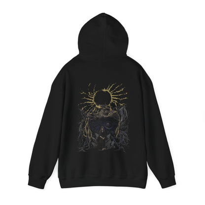 Image number 4 of a Hooded Sweatshirt featuring Godwyn the Golden and Fia, the Deathbed Companion, from Elden Ring, capturing their tragic connection and the dark curse of Death Blight, perfect for fans who are drawn to the somber lore and tragic fates within the Lands Between.