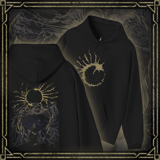 Thumbnail of a Hooded Sweatshirt featuring Godwyn the Golden and Fia, the Deathbed Companion, from Elden Ring, capturing their tragic connection and the dark curse of Death Blight, perfect for fans who are drawn to the somber lore and tragic fates within the Lands Between.