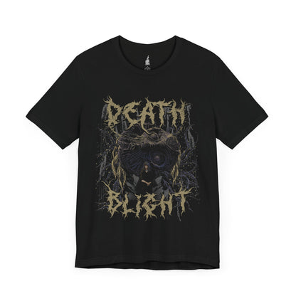 Image number 3 of a Black T-shirt featuring Godwyn the Golden and Fia, the Deathbed Companion, from Elden Ring, capturing their tragic connection and the dark curse of Death Blight, perfect for fans who are drawn to the somber lore and tragic fates within the Lands Between.