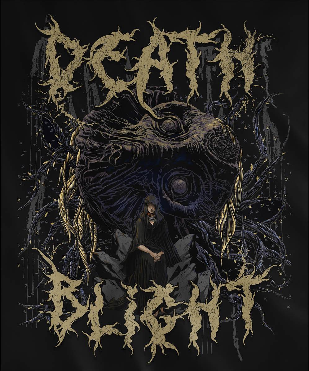 Design used for a T-shirt featuring Godwyn the Golden and Fia, the Deathbed Companion, from Elden Ring, capturing their tragic connection and the dark curse of Death Blight, perfect for fans who are drawn to the somber lore and tragic fates within the Lands Between.