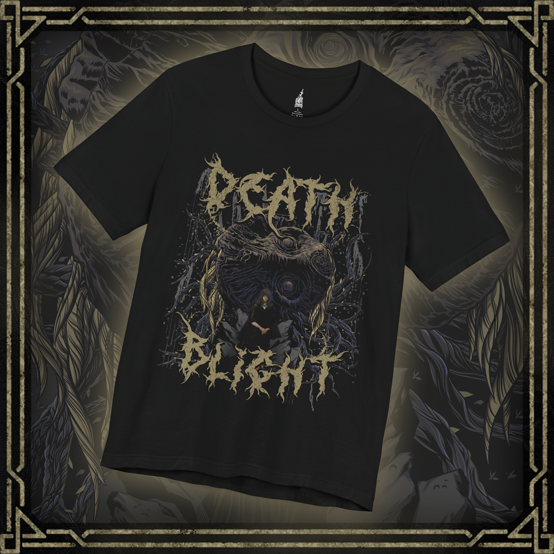 Thumbnail of a T-shirt featuring Godwyn the Golden and Fia, the Deathbed Companion, from Elden Ring, capturing their tragic connection and the dark curse of Death Blight, perfect for fans who are drawn to the somber lore and tragic fates within the Lands Between.