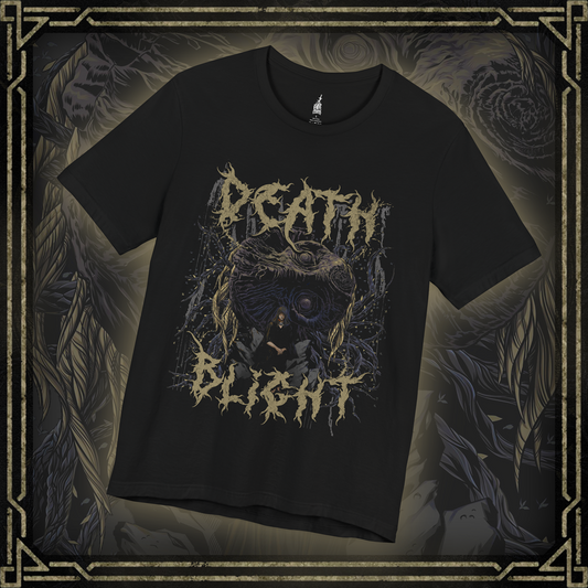 Thumbnail of a T-shirt featuring Godwyn the Golden and Fia, the Deathbed Companion, from Elden Ring, capturing their tragic connection and the dark curse of Death Blight, perfect for fans who are drawn to the somber lore and tragic fates within the Lands Between.