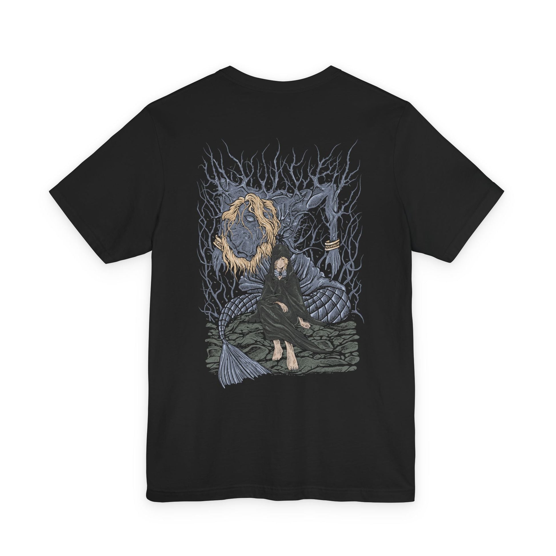 Image 5 of a T-shirt artwork portraying Fia cradling the corpse of Godwyn the Golden deep within the Deeproot Depths. Godwyn’s twisted, death-infested form spreads through the roots of the Erdtree as Fia performs her sacred rite, seeking to birth the Mending Rune of the Death-Prince. The design captures themes of loss, rebirth, forbidden devotion, and the corruption of divine lineage.