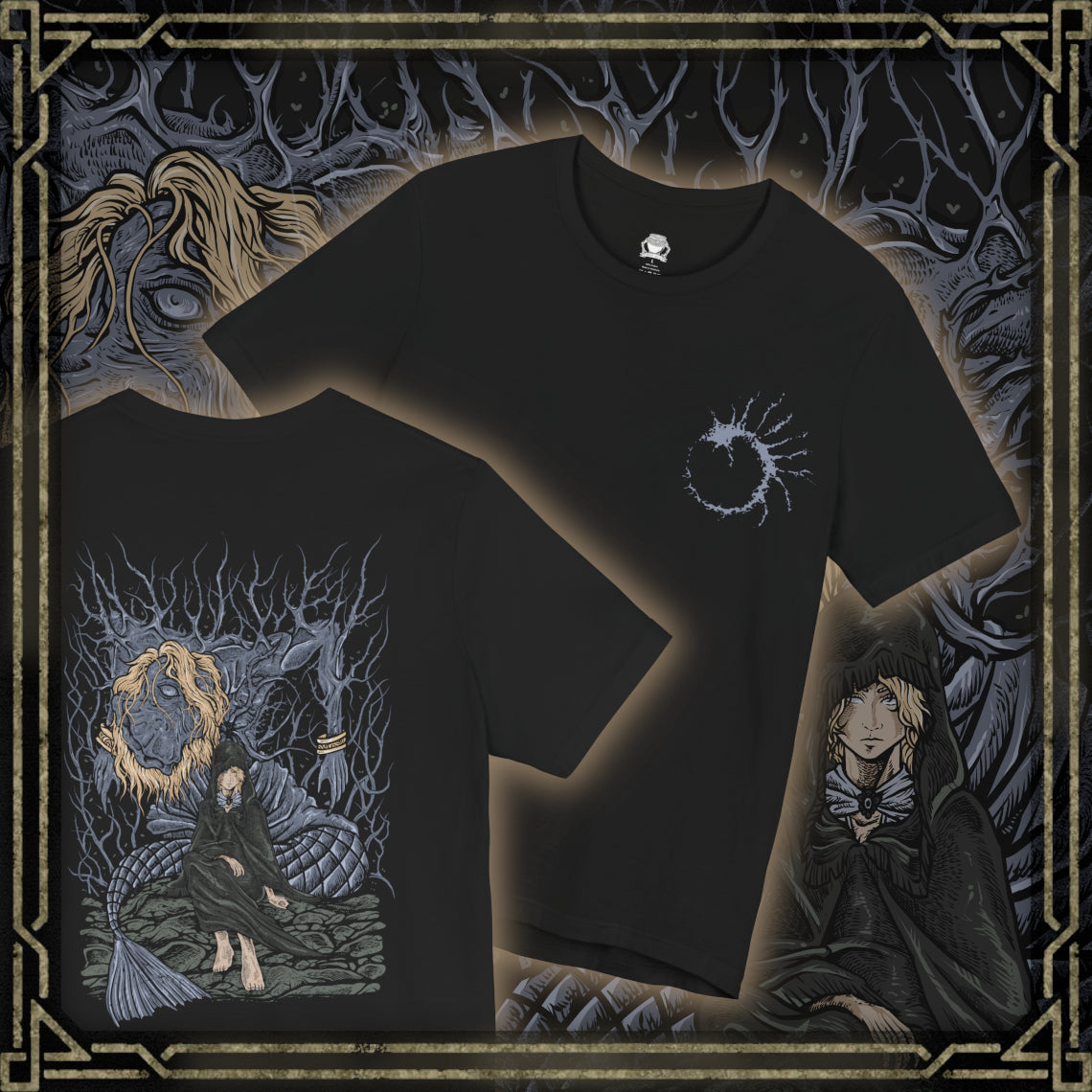 Thumbnail of a T-shirt artwork portraying Fia cradling the corpse of Godwyn the Golden deep within the Deeproot Depths. Godwyn’s twisted, death-infested form spreads through the roots of the Erdtree as Fia performs her sacred rite, seeking to birth the Mending Rune of the Death-Prince. The design captures themes of loss, rebirth, forbidden devotion, and the corruption of divine lineage.