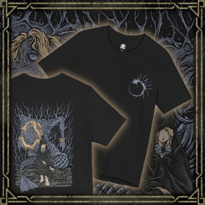 Thumbnail of a T-shirt artwork portraying Fia cradling the corpse of Godwyn the Golden deep within the Deeproot Depths. Godwyn’s twisted, death-infested form spreads through the roots of the Erdtree as Fia performs her sacred rite, seeking to birth the Mending Rune of the Death-Prince. The design captures themes of loss, rebirth, forbidden devotion, and the corruption of divine lineage.