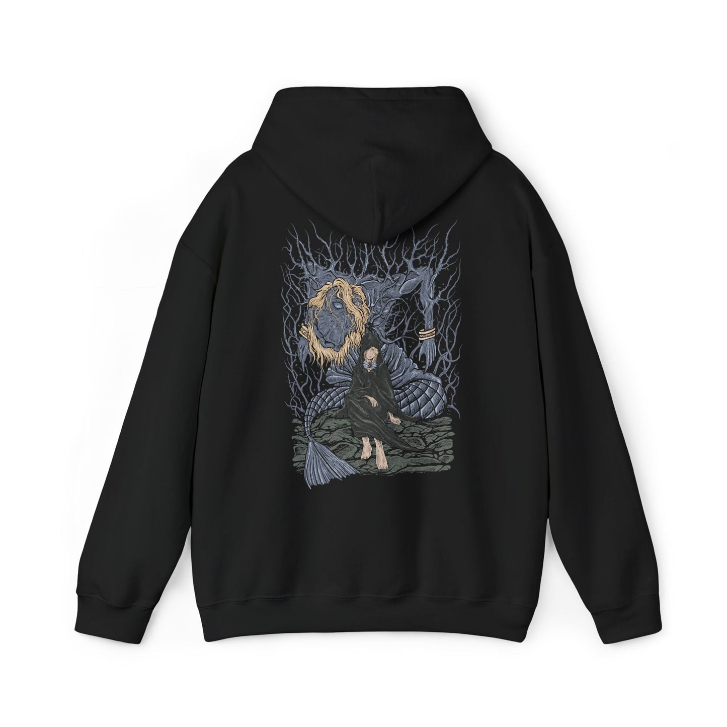 Folded Hooded Sweatshirt featuring Godwyn the Golden entwined with deathroot as Fia stands beside him in solemn reverence. Once the beloved son of Queen Marika, Godwyn’s assassination shattered the Golden Order, while Fia’s devotion transforms his death into purpose. This design reflects the tragic origins of Deathblight, the Prince of Death, and the quiet resolve to create a new ending for the world.