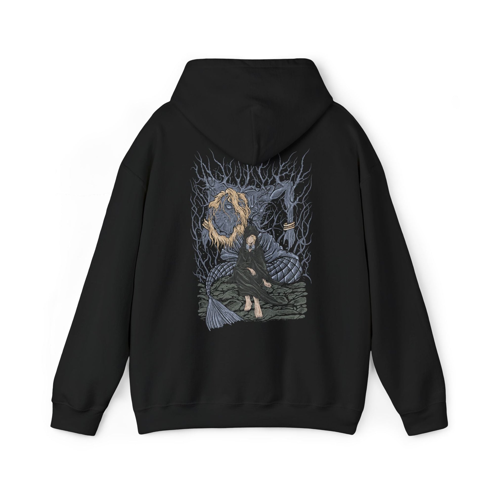 Folded Hooded Sweatshirt featuring Godwyn the Golden entwined with deathroot as Fia stands beside him in solemn reverence. Once the beloved son of Queen Marika, Godwyn’s assassination shattered the Golden Order, while Fia’s devotion transforms his death into purpose. This design reflects the tragic origins of Deathblight, the Prince of Death, and the quiet resolve to create a new ending for the world.