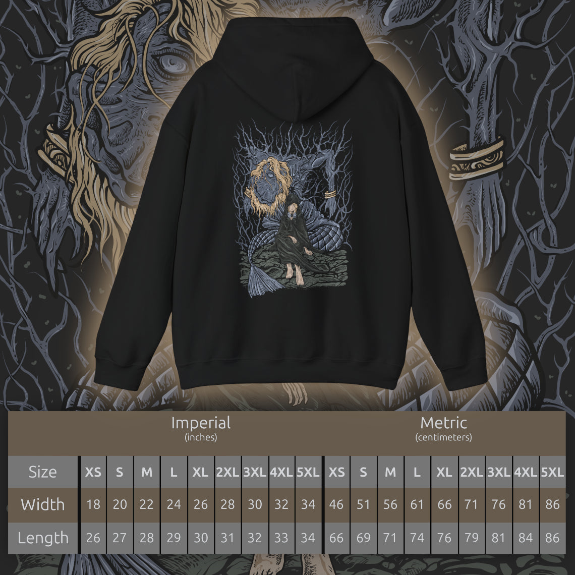 Size chart of a Hooded Sweatshirt featuring Godwyn the Golden entwined with deathroot as Fia stands beside him in solemn reverence. Once the beloved son of Queen Marika, Godwyn’s assassination shattered the Golden Order, while Fia’s devotion transforms his death into purpose. This design reflects the tragic origins of Deathblight, the Prince of Death, and the quiet resolve to create a new ending for the world.