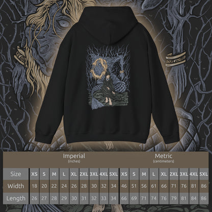 Size chart of a Hooded Sweatshirt featuring Godwyn the Golden entwined with deathroot as Fia stands beside him in solemn reverence. Once the beloved son of Queen Marika, Godwyn’s assassination shattered the Golden Order, while Fia’s devotion transforms his death into purpose. This design reflects the tragic origins of Deathblight, the Prince of Death, and the quiet resolve to create a new ending for the world.