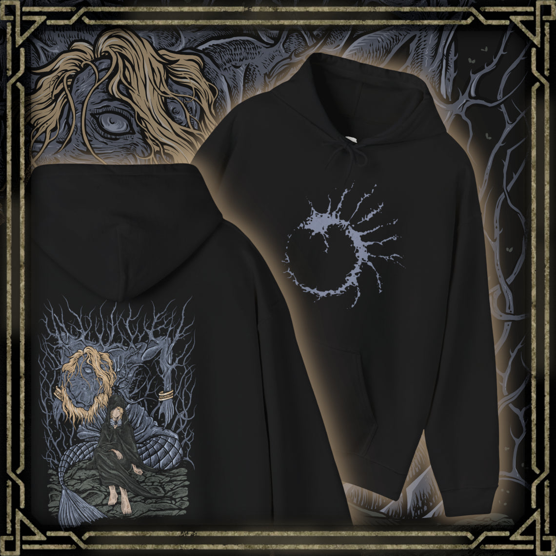 Thumbnail of a Hooded Sweatshirt featuring Godwyn the Golden entwined with deathroot as Fia stands beside him in solemn reverence. Once the beloved son of Queen Marika, Godwyn’s assassination shattered the Golden Order, while Fia’s devotion transforms his death into purpose. This design reflects the tragic origins of Deathblight, the Prince of Death, and the quiet resolve to create a new ending for the world.